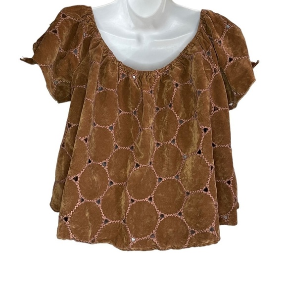 Brown Slit tie Sleeve Square Neck Stitching Top boho Western Pullover Top - Picture 6 of 13